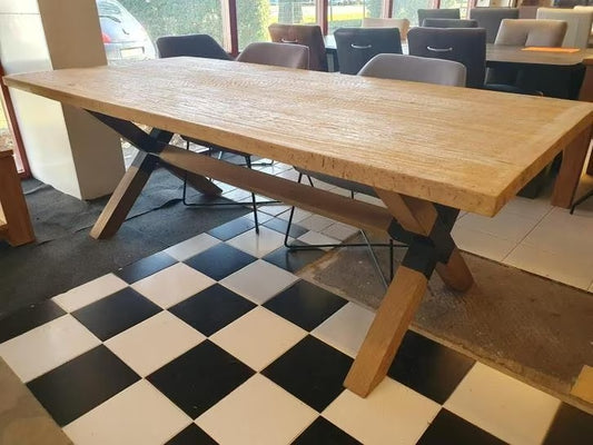 Oud eiken eettafel van 100x220cm, eikenhouten onderstel