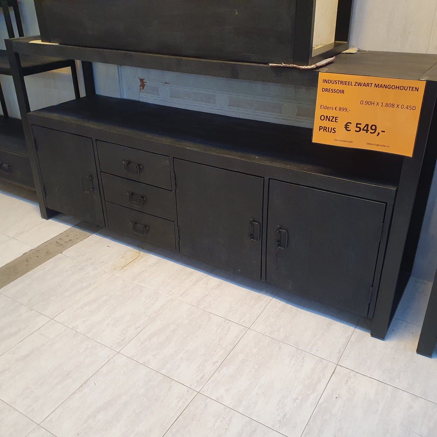 Industrieel zwart mangohouten dressoir Nikki 180x45x90cm