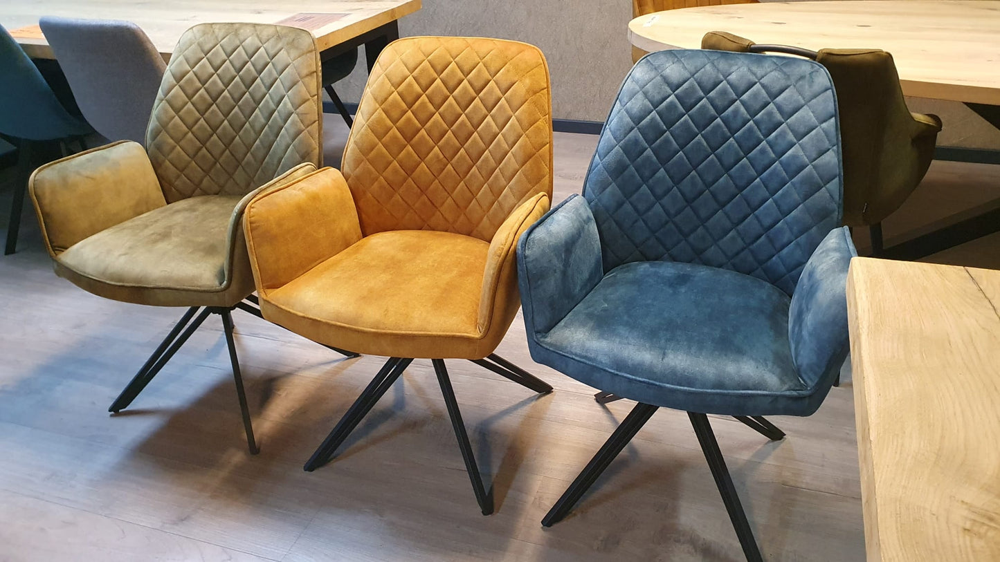 Set van 6x eetkamerstoel William in blauw/geel en olijfgroen velvet/velours