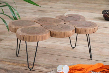 Naturel gelakte acaciahouten salontafel bestaande uit 6 bladen